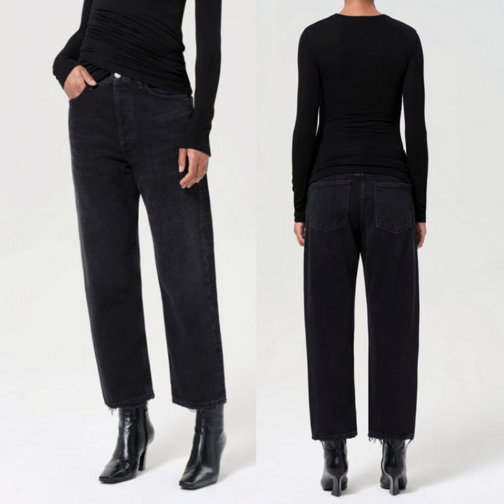 AGOLDE 90's Crop Mid Rise Straight Jeans Frayed Hem Tar Black Size 29